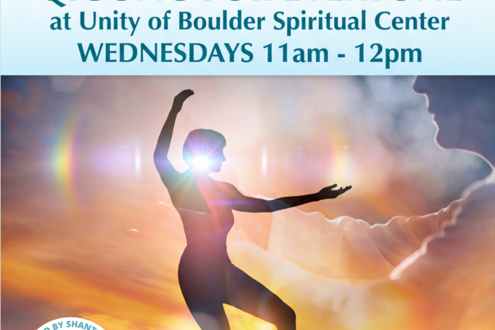 Promotional graphic for the "Qigong for Everyone" event at Unity of Boulder Spiritual Center, held on Wednesdays from 11 am to 12 pm. The image features a silhouette of a person glowing with life-force energy against a colorful sky.